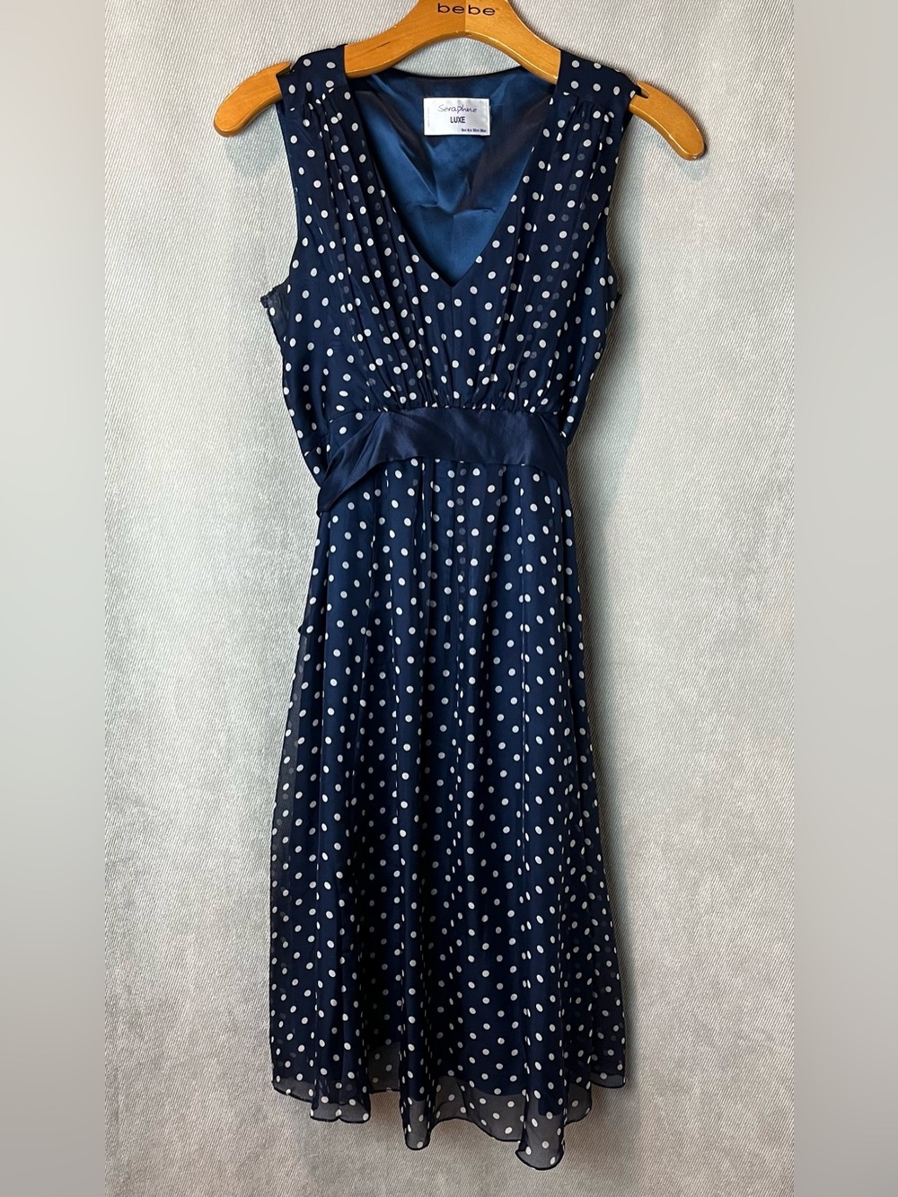 Seraphine Luxe Sz 4 Navy Blue Silk Polka Dot Maternity Dress W/Sash